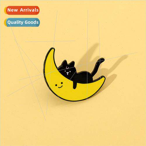 Cute cartoon cat brooch sleeping on the moon black cat metal