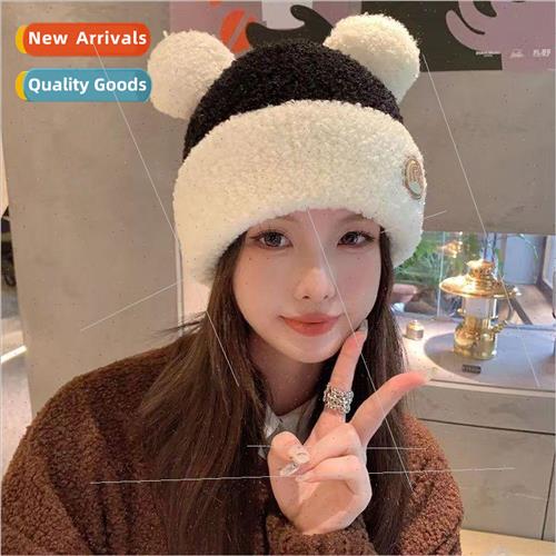 Korea cute plush color blocking bear ears knitted hat female