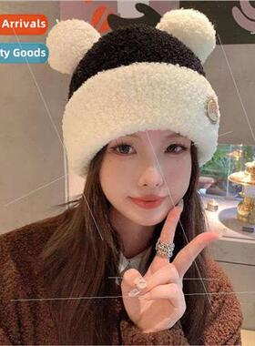 Korea cute plush color blocking bear ears knitted hat female