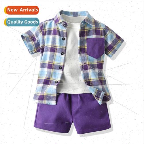 Summer baby boy short-sleeved plaid shirt cotton white t-shi