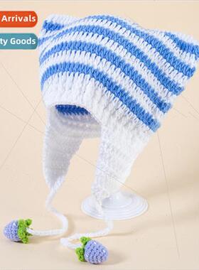 Adult New Hand Knit Fox Ears Cat Ears Devils Horns Striped W