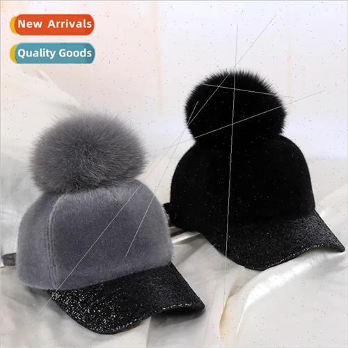 Hat female autumn and winter fake fur ball warm baseball cap