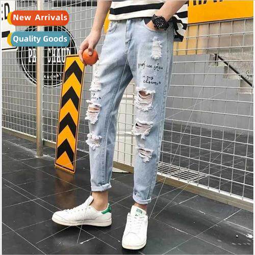 Pants male Korean nd summer broken hole jeans Slim straight