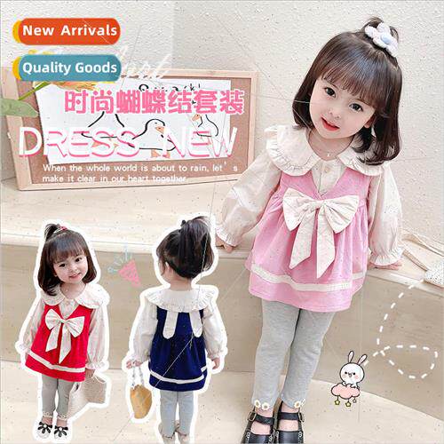 2023 Korean  of the girls bow skirt three-piece cotton cute