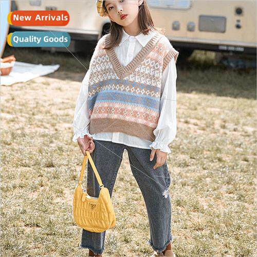 Girls suit fall  2021 new children retro sweater vest gas sh
