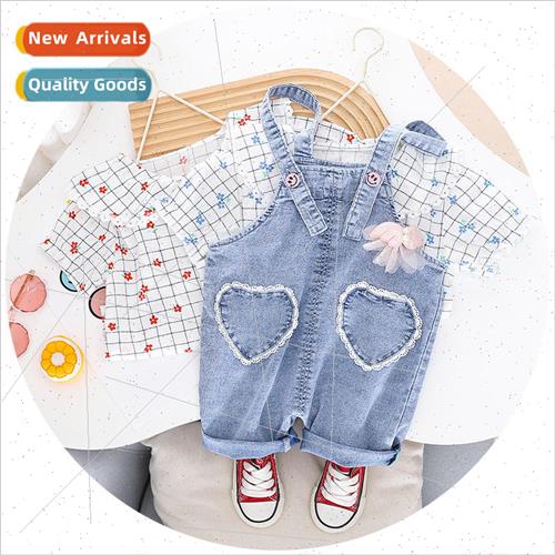 2023 summer new girls suit denim backpack pants Korean  of t