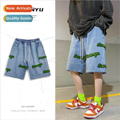 Alphabet towel embroidery denim shorts men high set ins summ