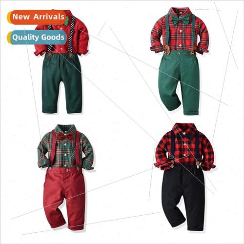 Childrens Boys Christmas Suit Long Sleeve Cotton Plaid Shirt