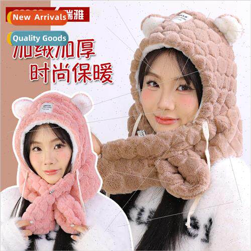 Cute plush hat scarf all-in-one cap autumn and winter ladies