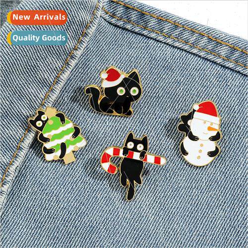 Cute cartoon Christmas series cat brooch Christmas hat black