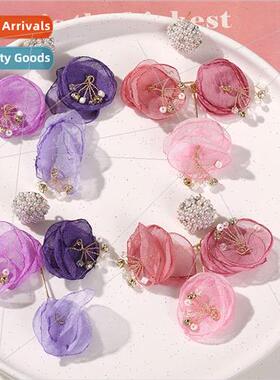 Super fairy color blocking mesh pearl flower earrings diy ha