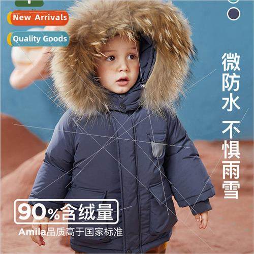 2023 winter new boys solid color fur collar hooded medium-le