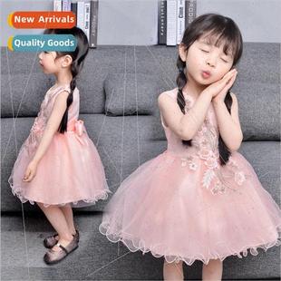 girls round dimensional new flo three dress lace Summer neck