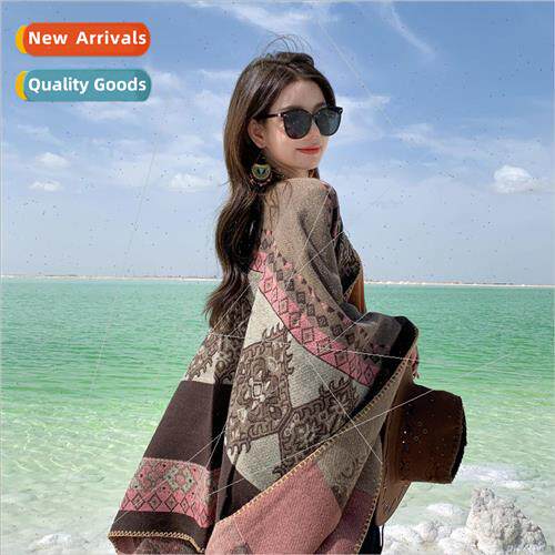 Faux cashmere ethnic  shawl multi-purpose travel warm poncho