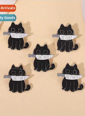 Cute animal cat brooch metal badge black cat gripper knife E