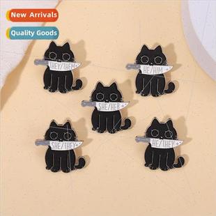 brooch metal knife animal gripper cat black Cute badge