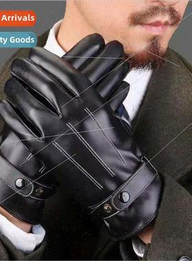 Warm leather gloves fall and winter thickened with velvet th