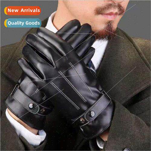 Warm leather gloves fall and winter thickened with velvet th