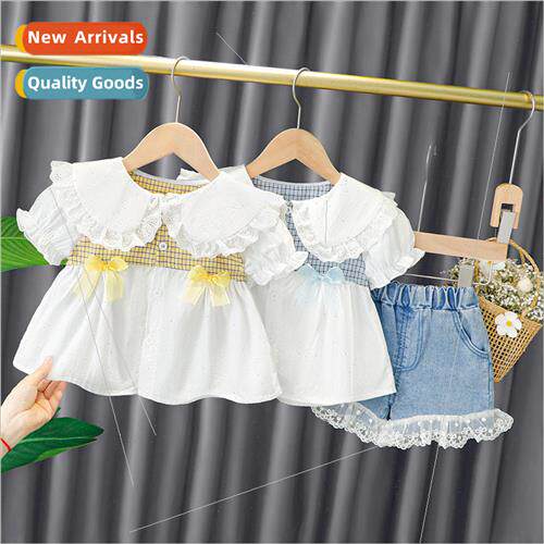 Girls suit summer children baby girl doll collar top + denim