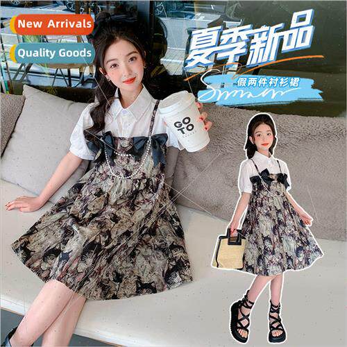 Girls dress 2023 summer new girls fake two-piece halter dres