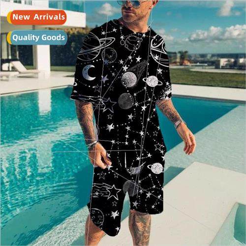 New mens casual short-sleeved suit Digital printing 3D round