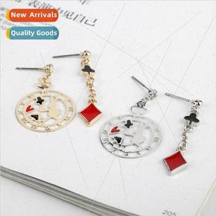 Wonderland rabbit playing Japanese clock card earri Alice