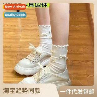 socks bow and spring female edge ear wooden cute Japanese