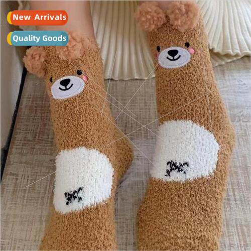 Cute bear coral velvet socks womens fall and winter padded w