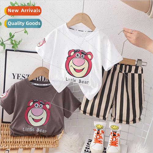 Boys short-sleeved summer dress new striped strawberry bear图片