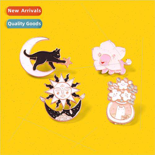 Cute brooch pink lion moon black cat vase sun metal badge pi