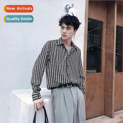 Mens Korean plaid shirt mens drape ascetic loose gangster ha