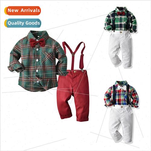 Boys Fall Suit Plaid Cardigan Long Sleeve Bow Tie Bib Pants