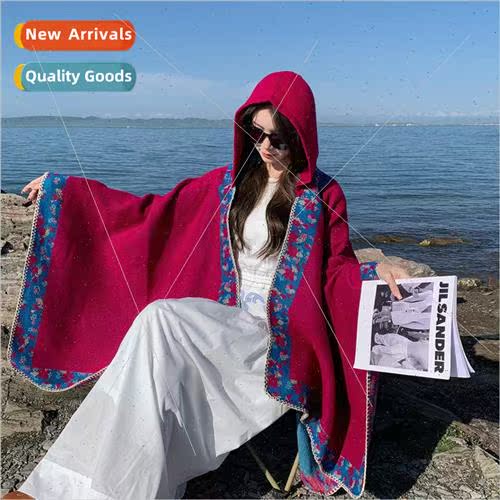Travel travel thickened warm hooded pullover cape shawl retr