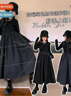 Girls black dress spring and fall 2023 new Korean  of the mi