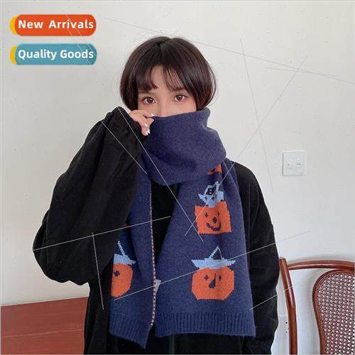 Japanese retro pumpkin navy wool scarf female winter warm an