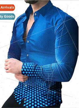 2023 spring new mens gradient digital printing lapel long-sl