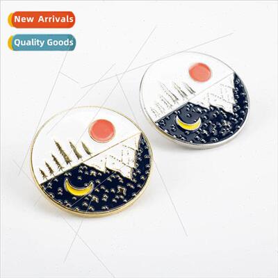 Cartoon Enamel Day and ght Mountains Moon and Sun Brooch Oil