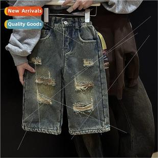 Korean boys denim winter pants hole new American 2023 retro