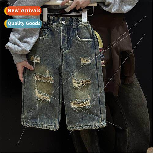2023 winter new Korean boys retro American hole denim pants