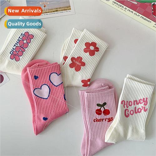 Pink socks female summer ins sweat absorbent long spring and