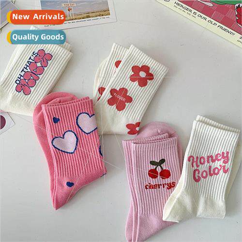 Pink socks female summer ins sweat absorbent long spring and