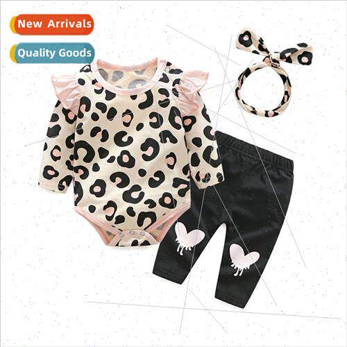 Childrens Wrap Hoodie Pants Two Piece Hairband Leopard Print