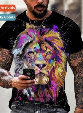 Summer T-shirt fashion new animal lion graffiti color printi