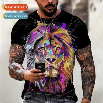 Summer T-shirt fashion new animal lion graffiti color printi