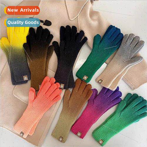 Rainbow gradient color woolen gloves female ins autumn and w