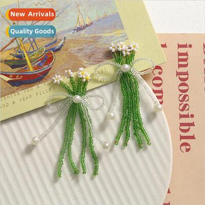 Mori tassel rice flower bow earrings diy knitting glass bead