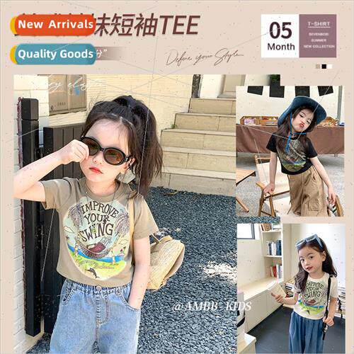 2023 Summer Medium ze Girls Shoulder Slim Short T-Shirt Kids