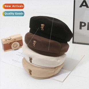 bear cartoon female retro fal beret cute tweed England brown