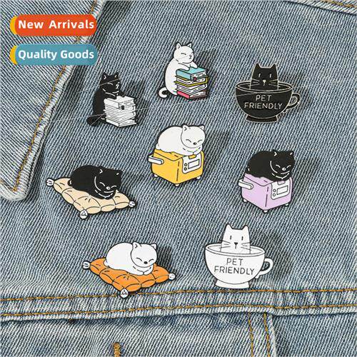 Creative cartoon cat brooch Read a book Drink coffee Cute fa