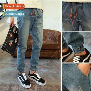and winter elastic Mens jeans fall drawstring pants